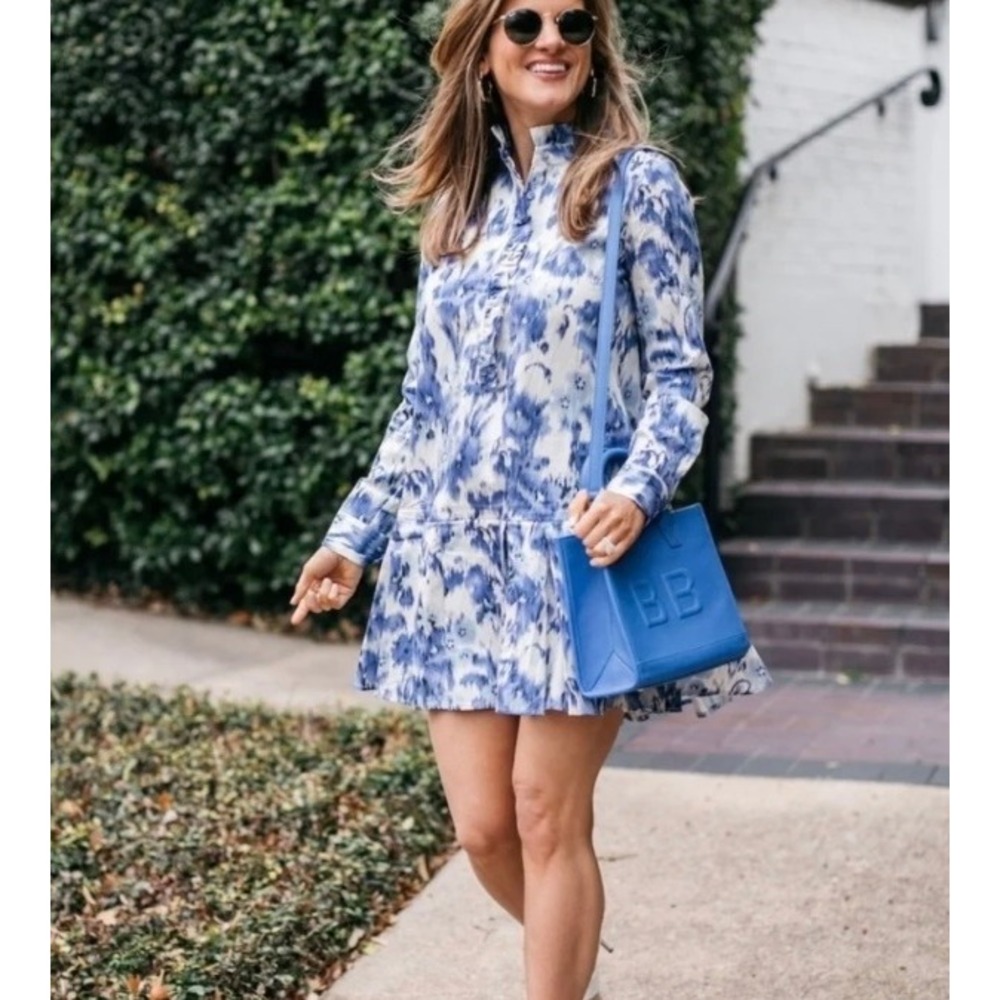 Tuckernuck Ivory Blue Iris Breeze Tate Long Sleeve Button Down Mini‎ Dress Small